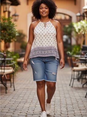 Set-Cream Printed Halter Tank Top Size M + Mid-thigh shorts Blue Denim Size XL